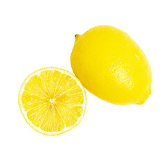 Lemon citrus fruit whole and half isolated on transparent background, top view