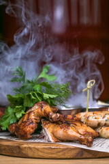 Restaurant dish fried chicken and sausages