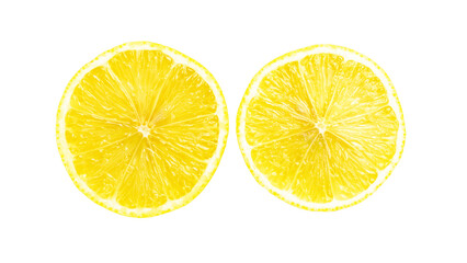 Two round lemon slices citrus fruit, isolated on transparent background, top view