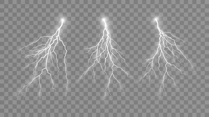 Set of Lightings. Symbol of natural strength or magic, abstract, electricity and explosion. The effect of zippers and lighting, thunderstorm and lightning.