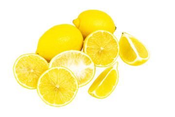 Lemon citrus fruits, whole, half and slice isolated on transparent background