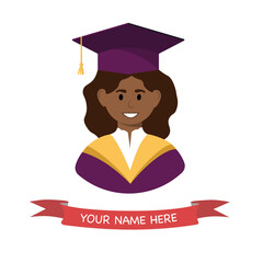 Smiling graduates girl in graduation hat and gown. Graduation greeting card. Vector icon. 