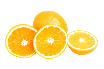 Orange citrus fruits, whole, half and slice isolated on transparent background