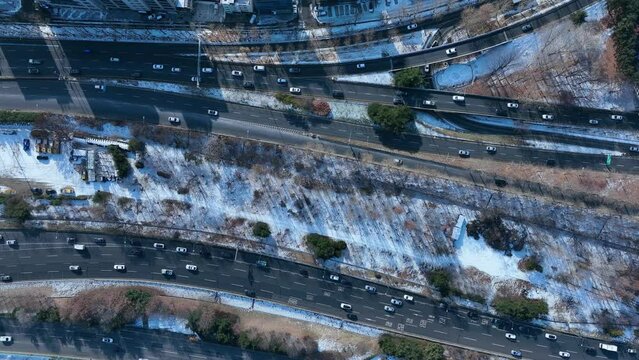 [korea drone footage] Korea, Seoul, City, Dangsan Bridge, Snow, winter