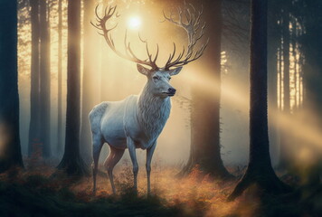 A white stag standing in a forest clearing At sunrise