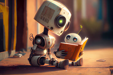 A charming 3d art piece featuring a robotic father and son showcases the wonders of machine learning. Both robots are seen engrossed in reading.
