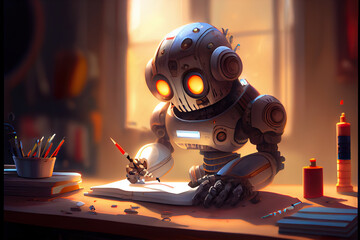 3D artwork of a charming bot with big eyes that appears to be deep in study, representing machine learning.