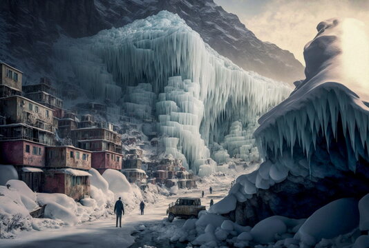 an avalanche of ice on a massive scale cascading down to Village in India