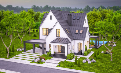3d rendering of cute cozy white and black modern Tudor style house with parking  and pool for sale or rent with beautiful landscaping. Fairy roofs. Clear summer evening with cozy light from window