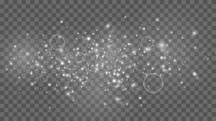 White sparks and stars glitter special light effect. Glowing light effect with many glitter particles isolated on transparent background. Christmas abstract pattern. 