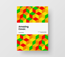 Colorful magazine cover design vector template. Unique geometric hexagons booklet illustration.