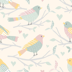 cute seamless pattern with green and pink birds on branches on a beige background