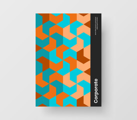 Fresh geometric hexagons journal cover template. Multicolored company brochure vector design layout.