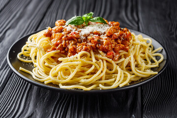 delicious Bolognese pasta on a black plate