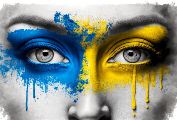Girl yellow and blue eye on white panoramic background, Ukraine flag colors, Ukrainian people kelp ans support web banner