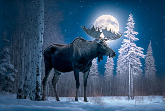 Moose in the Winter Forest under a Full Moon