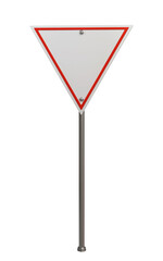 blank red inverted triangle road traffic sign 3d render design