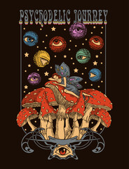 Psychedelic poster with fly agaric, fairy and planets, psychedelic journey, retro psychedelic t-shirt print