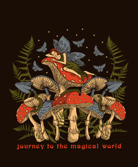 Psychedelic poster with fly agaric, fairy, psychedelic journey, retro psychedelic t-shirt print