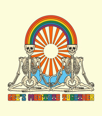 meditating skeletons, sun and rainbow, psychedelic t-shirt print