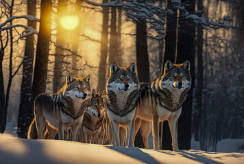 Obraz na płótnie Canvas Wolf pack in winter forest at sunset