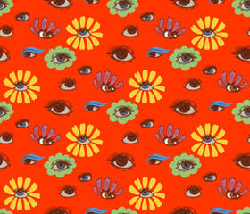 seamless pattern with eyes in the style of 60s, 70s, retro psychedelic