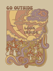 go outside look inside, psychedelic print with mushrooms, flowers and sun, retro t-shirt print