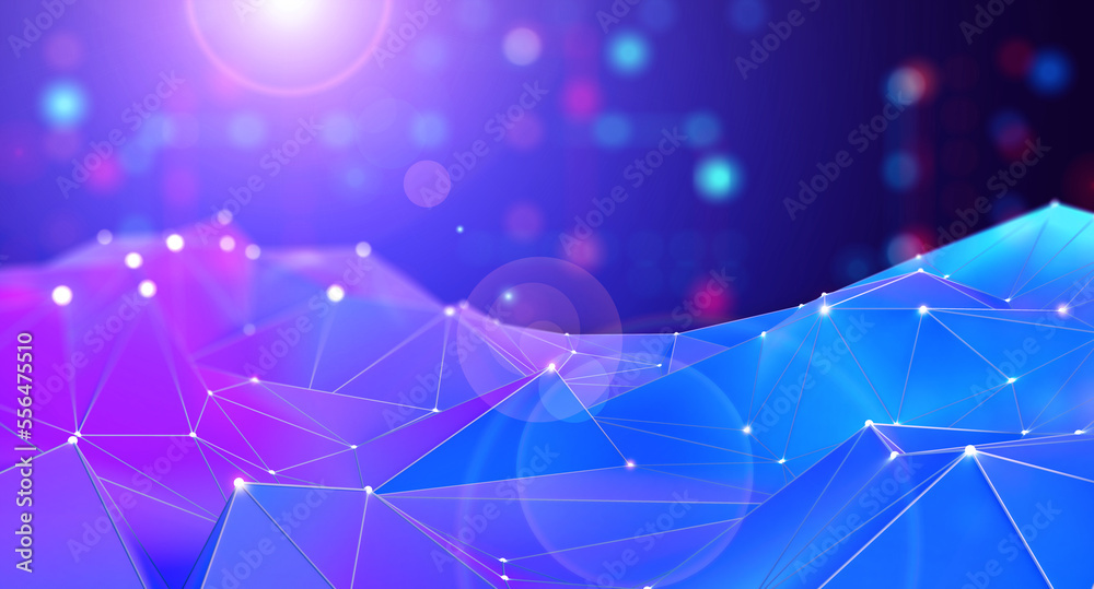 Poster Festive background hi-tech cyber technology. 3D illustration of polygonal fields of current data streams