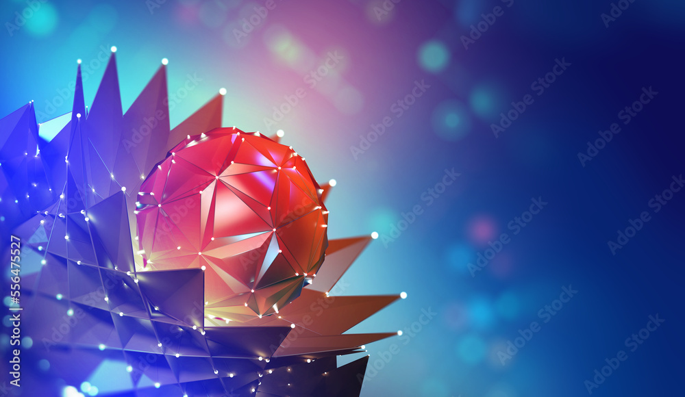 Poster Synthetic mind, artificial intelligence 3D illustration. Programming CPU impulses of neural networks. Abstract fantasy cyber matter concept