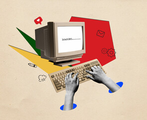 Contemporary art collage. Hands typing on vintage computer keyboard. Concept of business, career, employers, teamwork, cooperation, success.
