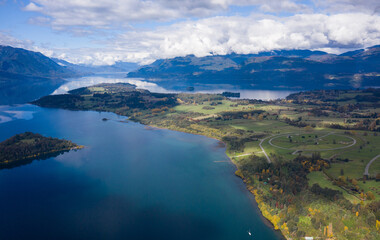 drone shot of lake in southern chile