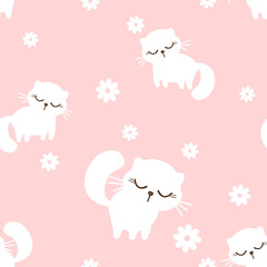 Seamless pattern with cat kitten cartoons and daisy flower on pink background vector illustration.