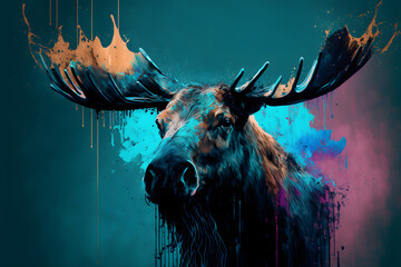 Fototapeta Illustrative abstract design of a moose. Multicolored painting. Generative AI. obraz