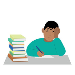 Indian sad boy sitting at the table and doing homework, flat vector, isolate on white, books