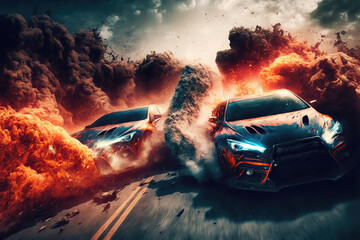 Crazy mad car chase, explosions sparks action. Sports cars are a danger race for survival. Fire and flames from under the wheels. 3d illustration