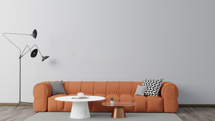 Wall mockup in the bright living room with copper orange sofa, 3D rendering, Loft style