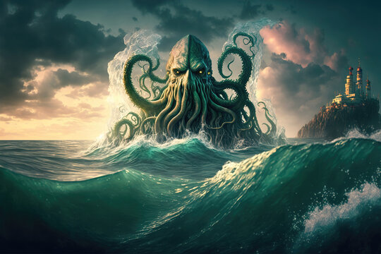 Mysterious monster Cthulhu in the sea, huge tentacles sticking out of the water, landscape. 3d illustration