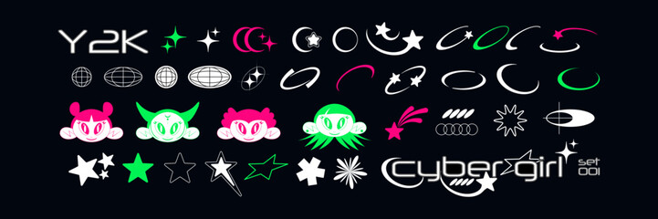 Futuristic Y2K shapes, cyber girl characters, abstract design elements. Constructor of trendy geometric postmodern figures. Vector illustration of brutalist contemporary stars. Primitive elements