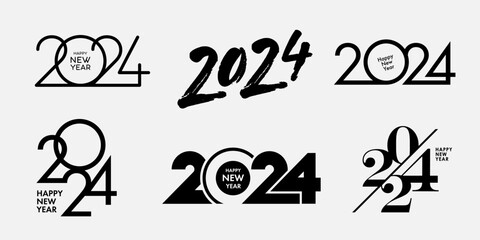 Big Set of 2024 Happy New Year logo text design. 2024 number design template. Collection of 2024 Happy New Year symbols. Vector illustration with black labels isolated on white background. - obrazy, fototapety, plakaty