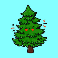 Cute funny jumping Christmas tree. Vector hand drawn cartoon kawaii character illustration icon. Isolated on blue background. Spruce character concept