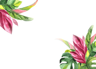 Tropical background with green watercolor leaves. Place for your text. Perfect for wedding and ceremony decoration, stationary, greetings etc.