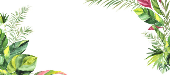 Fototapeta na wymiar Tropical background with green watercolor leaves. Place for your text. Perfect for wedding and ceremony decoration, stationary, greetings etc.