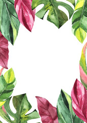 Fototapeta premium Tropical frame with green watercolor leaves and white background for your text.