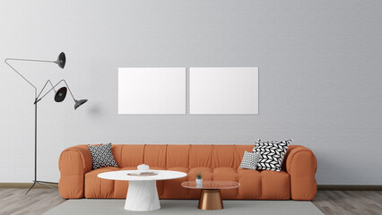 Two horizontal canvas No frame Wall mockups in the bright living room with copper orange sofa, 3D rendering, Loft style