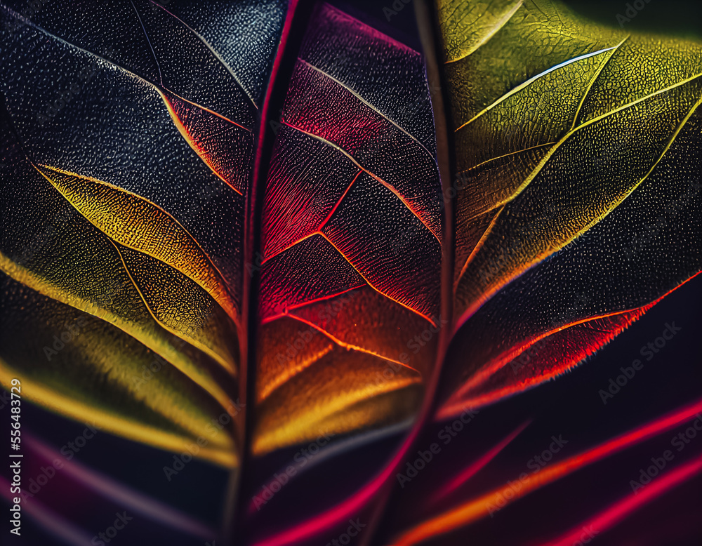 Poster close up beautiful abstract leaf in colorful light. minimalism modern style concept. dark background