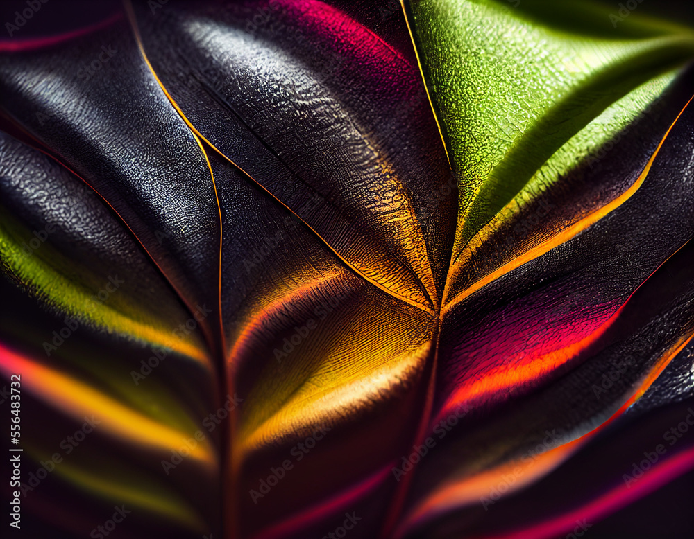 Poster Close up Beautiful abstract leaf in colorful light. Minimalism modern style concept. Dark Background pattern for design.	