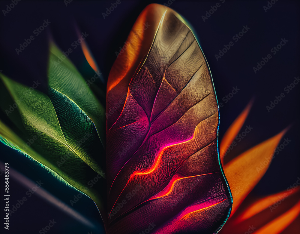Aufkleber Close up Beautiful abstract leaf in colorful light. Minimalism modern style concept. Dark Background pattern for design.	