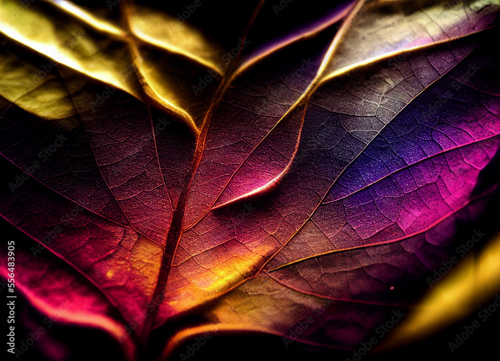 Poster close up beautiful abstract leaf in colorful light. minimalism modern style concept. dark background
