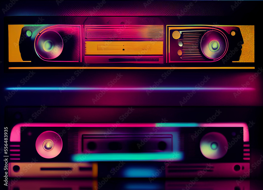 Poster beautiful audio cassette tape in neon light.minimalism retro style concept. 80s. background pattern 