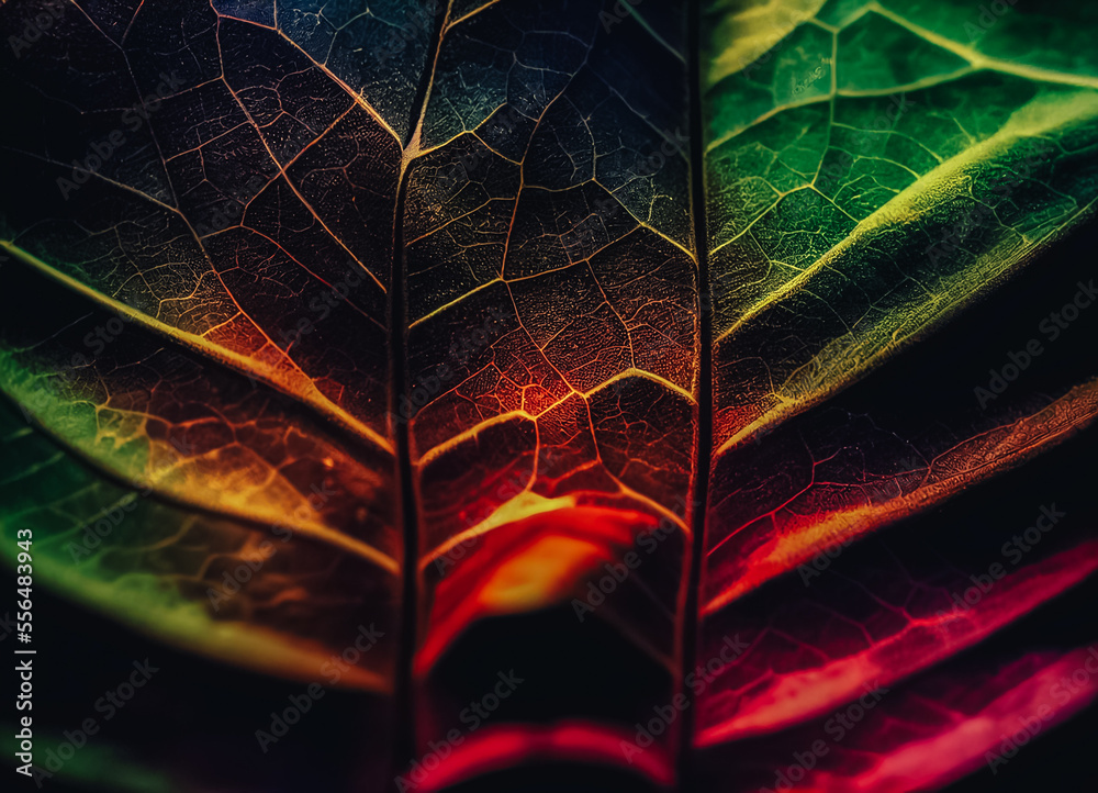 Poster Close up Beautiful abstract leaf in colorful light. Minimalism modern style concept. Dark Background pattern for design.	